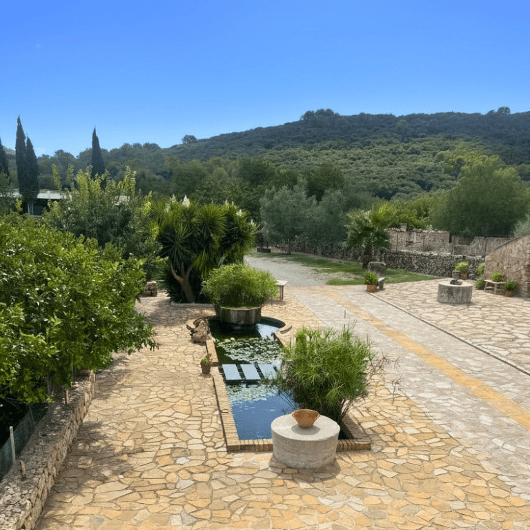 The lush garden and lily pond at Finca Son Vila, Mallorca, with stone terracing